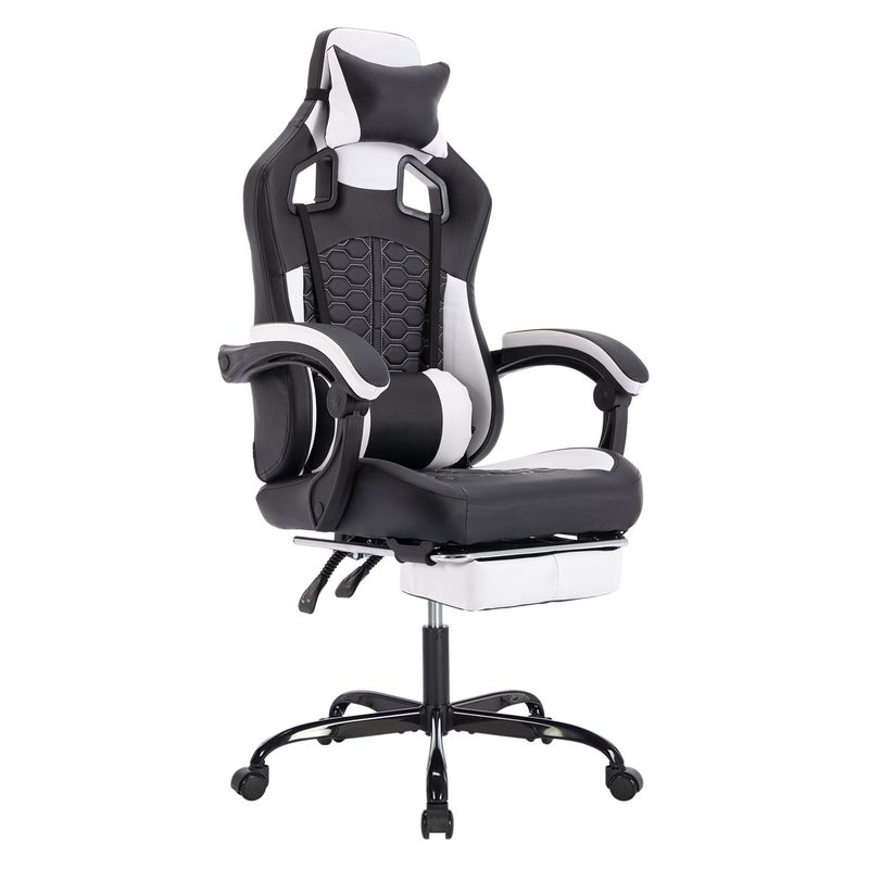 Gaming Chair With Massage,Ergonomic PC Gaming Chair With Footrest Comfortable Headrest And Lumbar Support,High Back PVC Leather,300LBS (Black White)_voghion.com