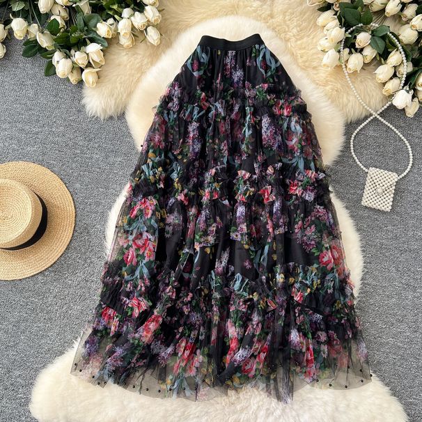 Gonna in tulle con perline fatte a mano 2025 - Gonna midi a vita alta con volant a strati per donna, abito da festa fluido a trapezio_voghion.com