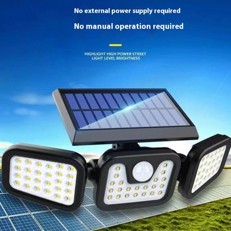 Lámpara solar plegable de 74 LED con tres faros, para exteriores, para pared de patio, iluminación doméstica con detección del cuerpo humano, para calle_voghion.com