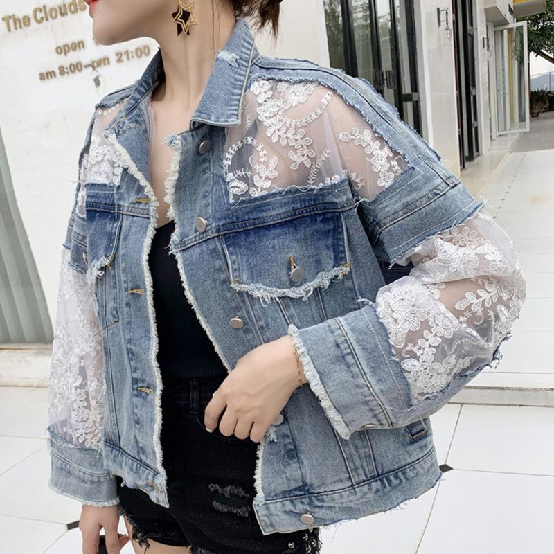 Chaqueas Mujer Estate Primavera Sreewear Ricamo Pizzo Pachwork Sexy Giacca di jeans Donna Jeans larghi con nappa sfilacciata_voghion.com