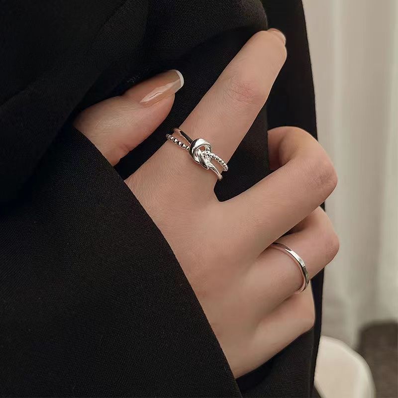 Sterling Silver Niche Design ~ Minimalist Knot Contrast Color Ring Simple Cross Open Adjustable Korean Style_voghion.com