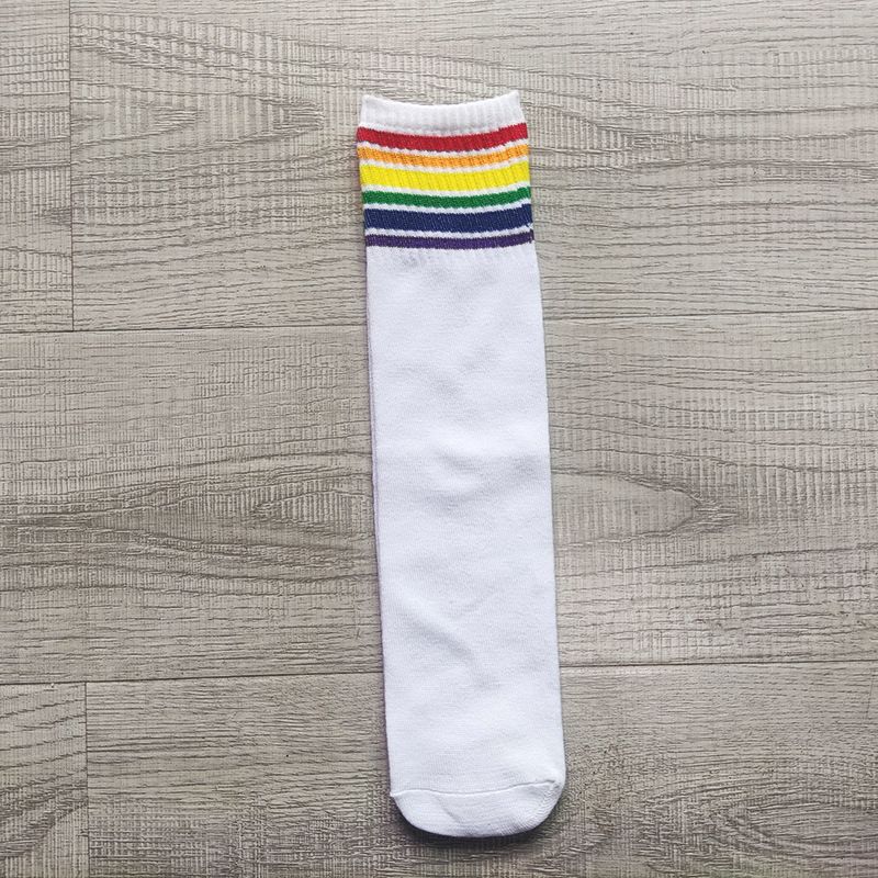 Fashion Socks For Children White Colorful Rainbow Striped Mid Tube Cotton Socks Hip Hop Style Matching Socks Student Performance Socks_voghion.com