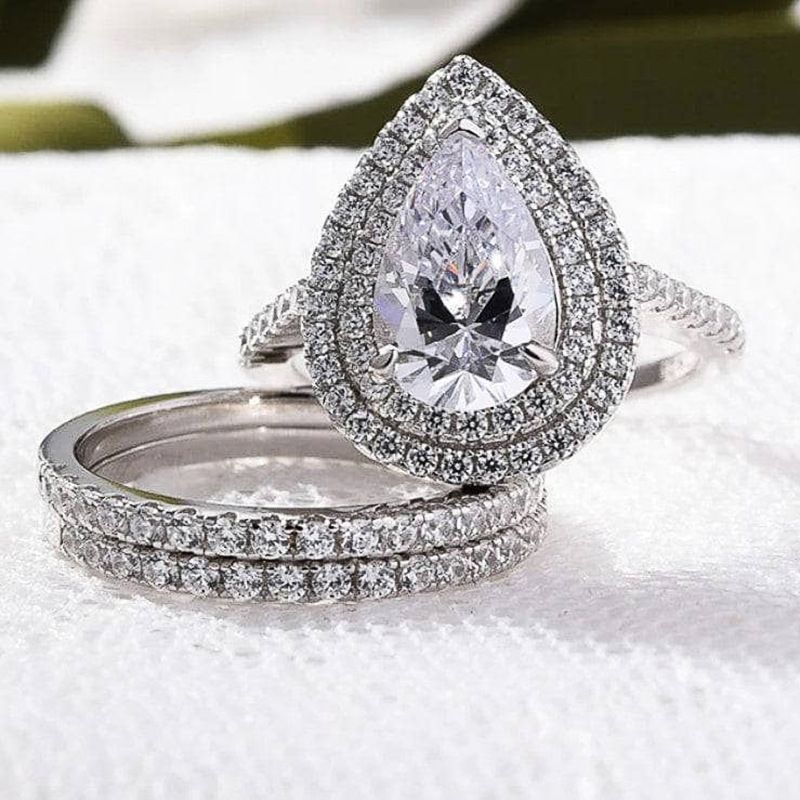 Single Rings Water Drop Design Ring For Women Geometric Zircon Ring Three Piece Set Light Luxury High End Jewelry_voghion.com