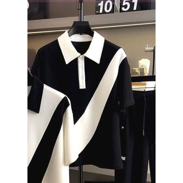 Versione coreana alla moda da uomo, design estivo 2023 con colori contrastanti, camicie casual patchwork pop, alla moda e_voghion.com