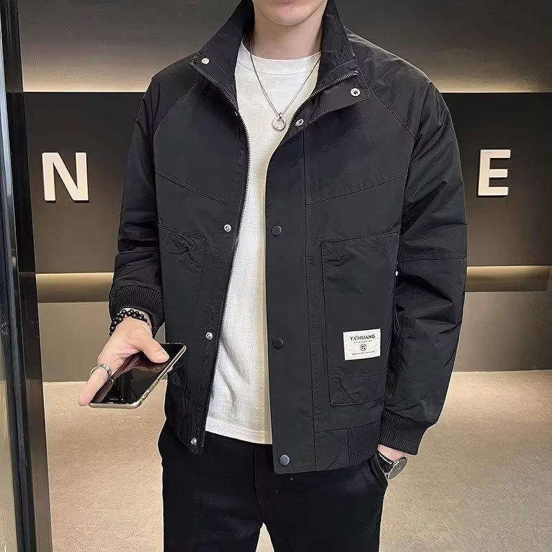 Slim-Fit-Jacke mit Stehkragen für Herren – Leichter, lässiger Arbeitsmantel mit mehreren Taschen (Khaki, Schwarz, Grün)_voghion.com