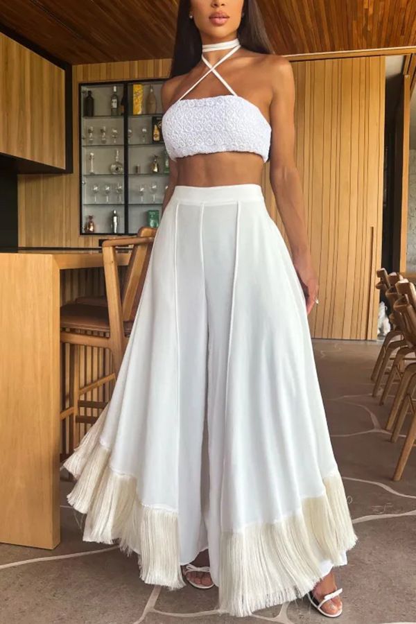 Pantaloni a zampa d'elefante casual da donna con decorazione a nappa, eleganti, da pendolare, in un unico pezzo, da donna_voghion.com
