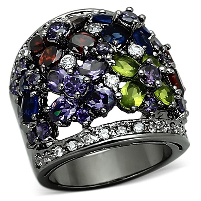 LOA884 - Ruthenium Brass Ring with AAA Grade CZ in Multi Color_voghion.com