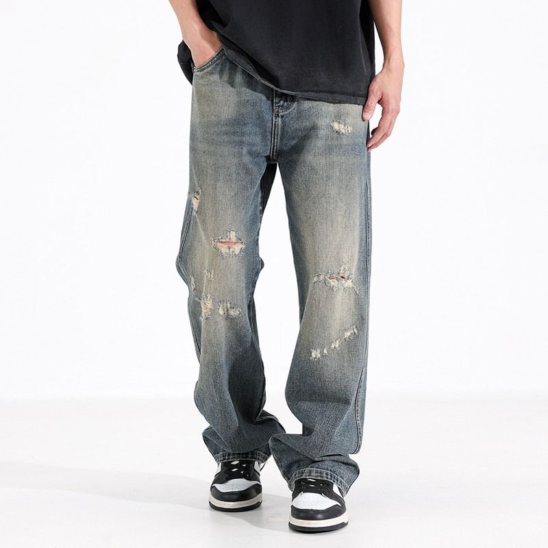 Men's Clothing Men's Distressed Denim Jeans - Relaxed Straight Leg Ripped Casual Pants For Summer, Lightweight & Comfortable_voghion.com