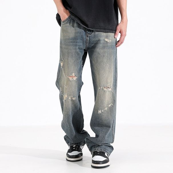 Men's Clothing Men's Distressed Denim Jeans - Relaxed Straight Leg Ripped Casual Pants For Summer, Lightweight & Comfortable_voghion.com