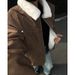 Men's Retro PU Leather Shearling Bomber Jacket, Thickened Short Puffer Coat With Stand-Up Collar, Maillard Style Vintage Aviator Jacket For Winter_voghion.com