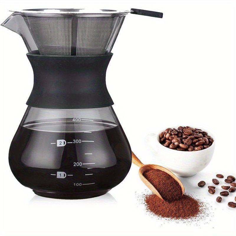 Pour Over Coffee Maker With Double-layer Stainless Steel Filter, 400ml/14oz Hand Manual Coffee Dripper Brewer & Glass Coffee Pot (400ML/ 14oz)_voghion.com
