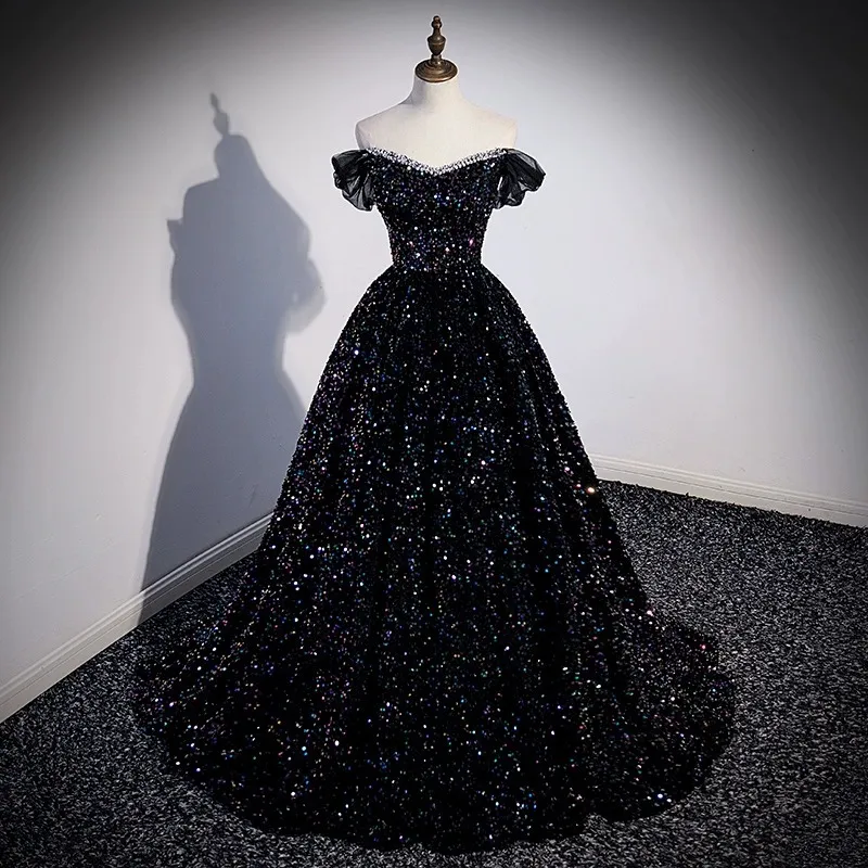Women's Clothing Glittering Sequins Host Beautiful Voice Performance Clothing Vocal Art Exam Black Wedding Dress_voghion.com