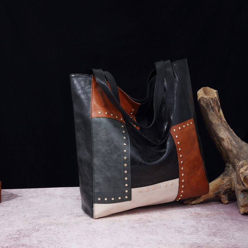 Borsa da donna, stile retrò, con rivetti, cuciture a contrasto, grande capacità, borsa a tracolla da donna_voghion.com