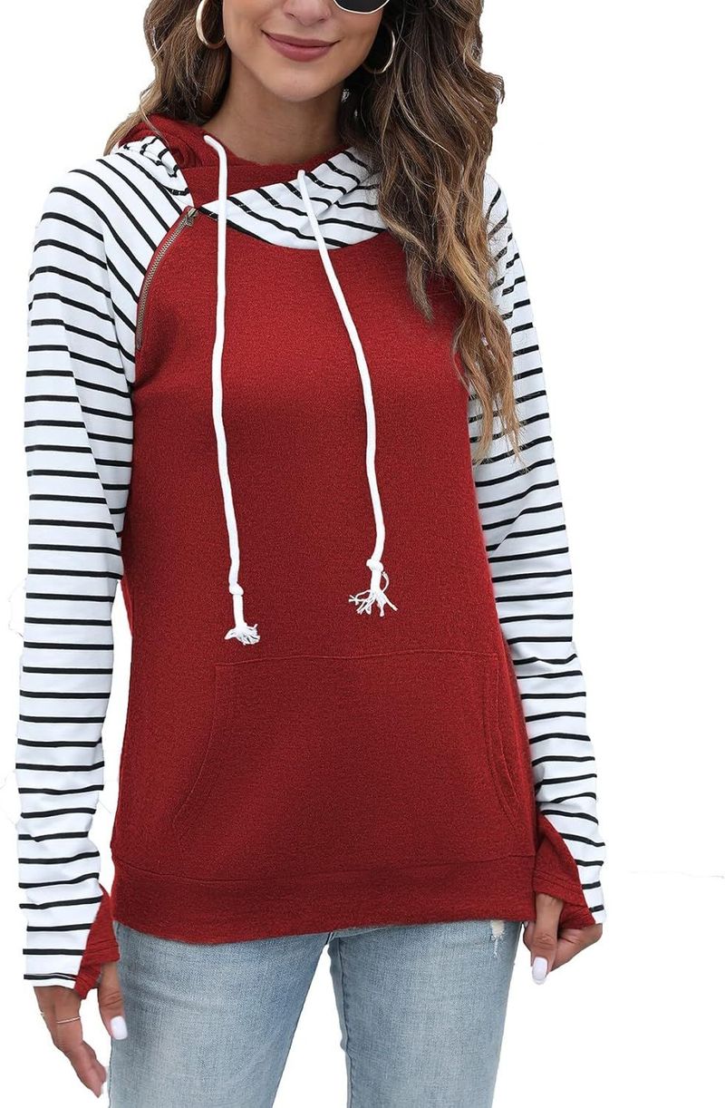 Women's Pullover Fashionable Sportswear Double Hooded Color Blocked Hooded Casual Long Sleeved Comfortable Autumn Top_voghion.com