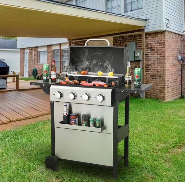 Barbecue a gas propano a 4 fuochi, potenza 34200 BTU, con griglie di cottura in smalto metallico per barbecue all'aperto, tavolo laterale pieghevole, cestino appeso, acciaio inossidabile_voghion.com