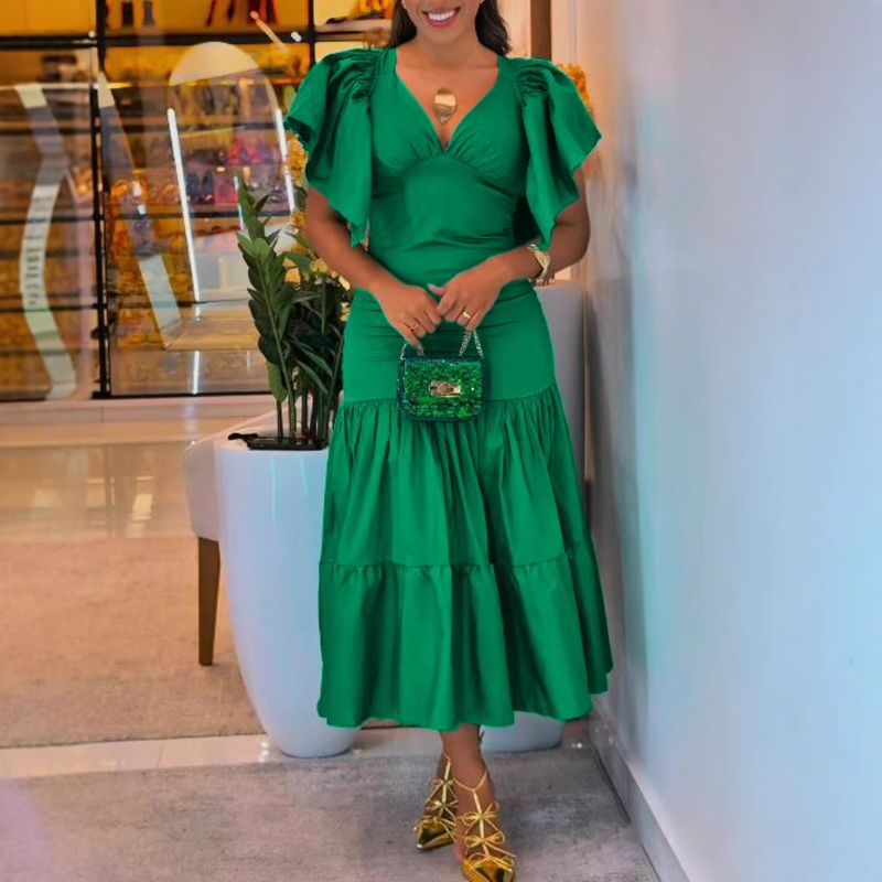 Robe plissée sexy à col en V et manches volantées_voghion.com