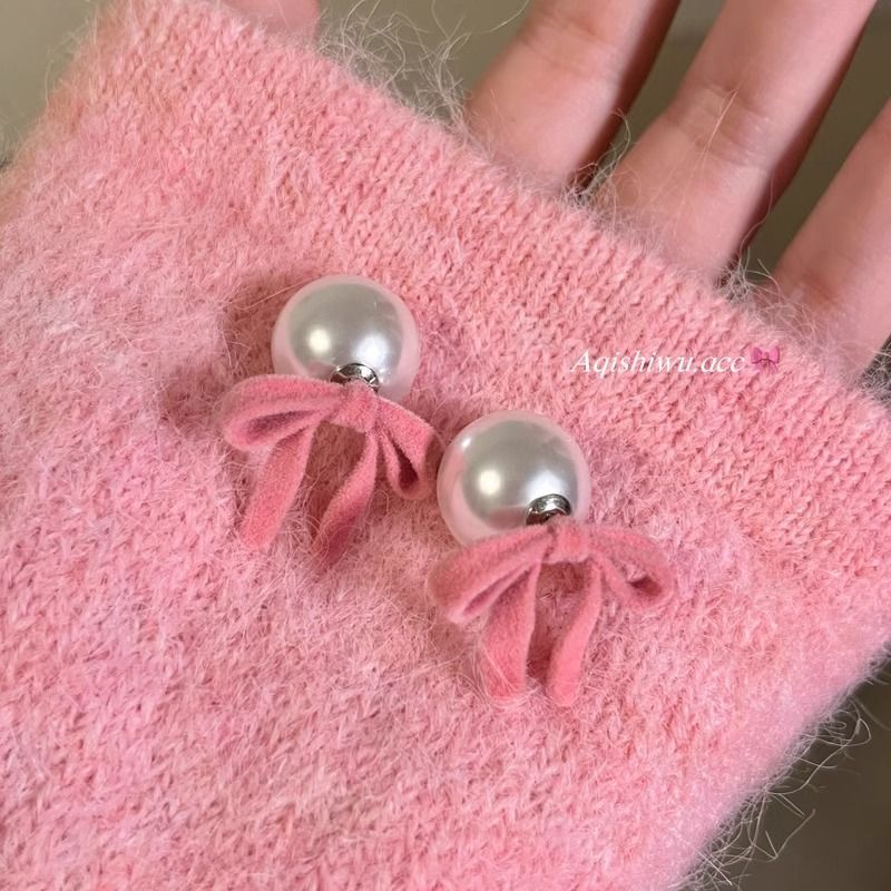 Pfirsichrosa Perlen-Bogen-Beflockungs-Ohrstecker für Damen im Retro-Stil, leicht, luxuriös, exquisite High-End-Ohrringe in Weiß für zwei Tragemöglichkeiten_voghion.com