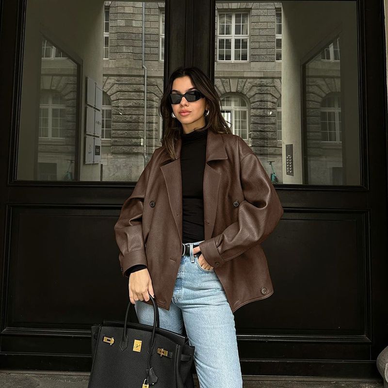 ​​Vintage-Lederjacke in Braun für Damen – Oversize-Blazer mit Revers aus PU, Winteroberbekleidung im Retro-Chic-Stil​​_voghion.com