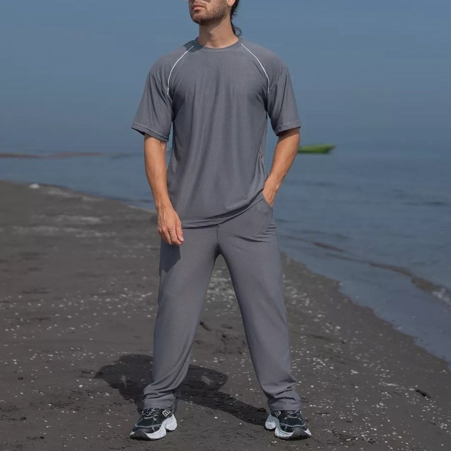 Conjunto de camiseta de manga corta y cuello redondo de algodón tipo gofre para hombre y pantalones cortos informales de corte holgado – Transpirable y cómodo para deportes y uso diario_voghion.com