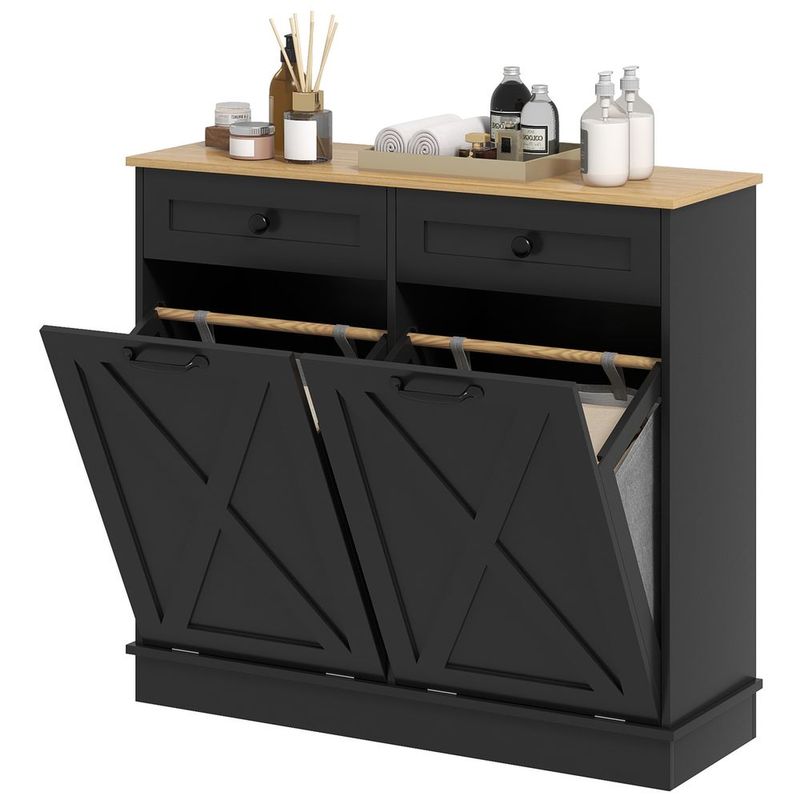 HOMCOM Tilt Out Laundry Hamper Cabinet, Bathroom Storage Cabinet With 2 Removable Baskets And 2 Drawers, Black_voghion.com