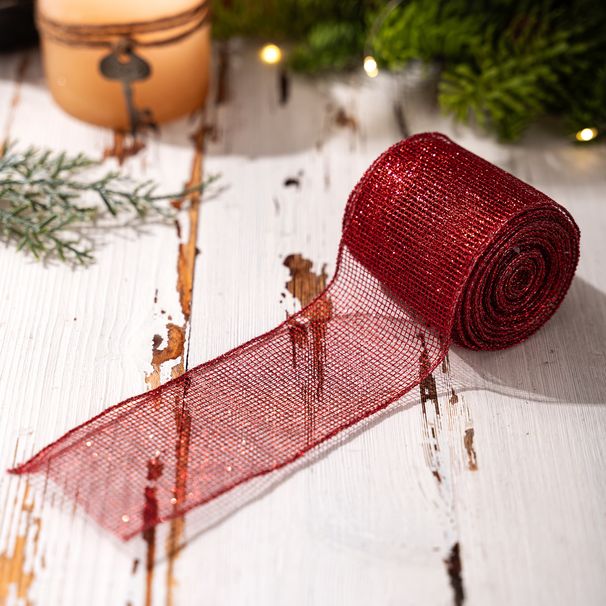 Rotolo di nastro a rete per albero di Natale HaoBei - Nastro decorativo fai da te con fiocco in raso per incartare i regali, opzioni di colore rosso e oro_voghion.com