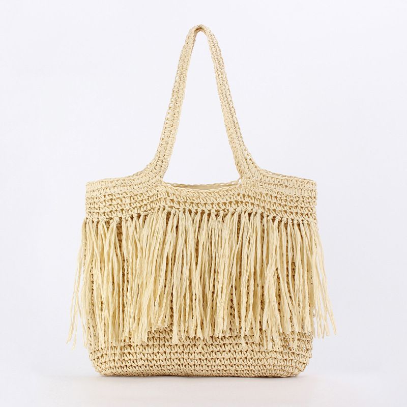 tassel hand woven bag large capacity seaside travel holiday straw bag fashionable versatile shoulder bag_voghion.com