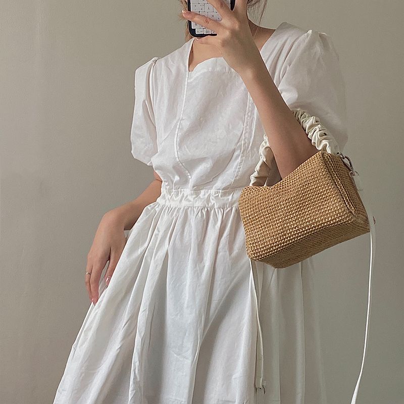 Borsa tessuta in erba estiva per le donne 2024 Borsa quadrata portatile a contrasto piegata retrò nuova ragazza Borsa a cavallo versatile marea_voghion.com