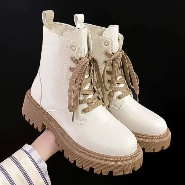 HZCL New Women's Autumn Single British-style Leather Platform Booties With Winter Fleece Warm White Boots_voghion.com