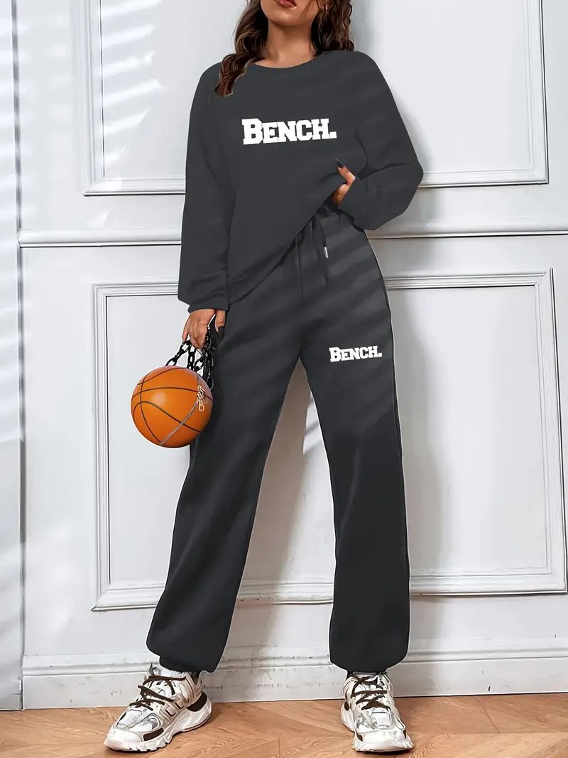 Tuta da donna stampata in due pezzi, con maglia a maniche lunghe e pantaloni con coulisse in vita, abbigliamento sportivo casual per primavera e autunno._voghion.com