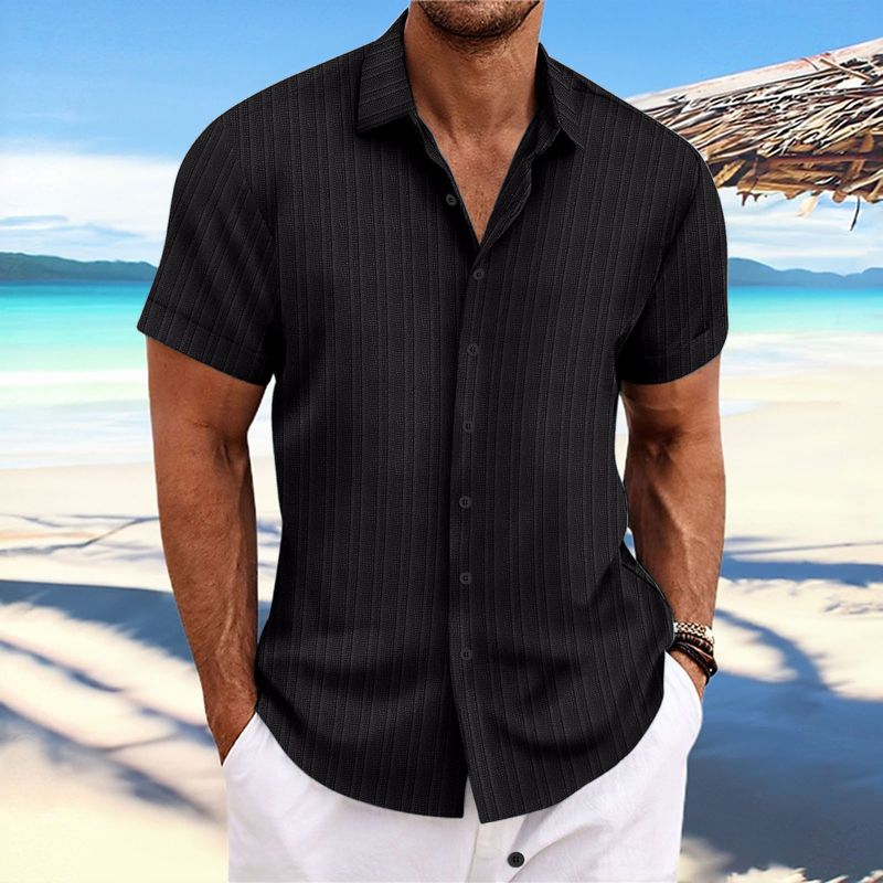 Men's Jacquard Striped Shirt - 2025 Spring Summer Loose Fit Cotton Linen Vacation Top (Blue/Beige/White)​_voghion.com