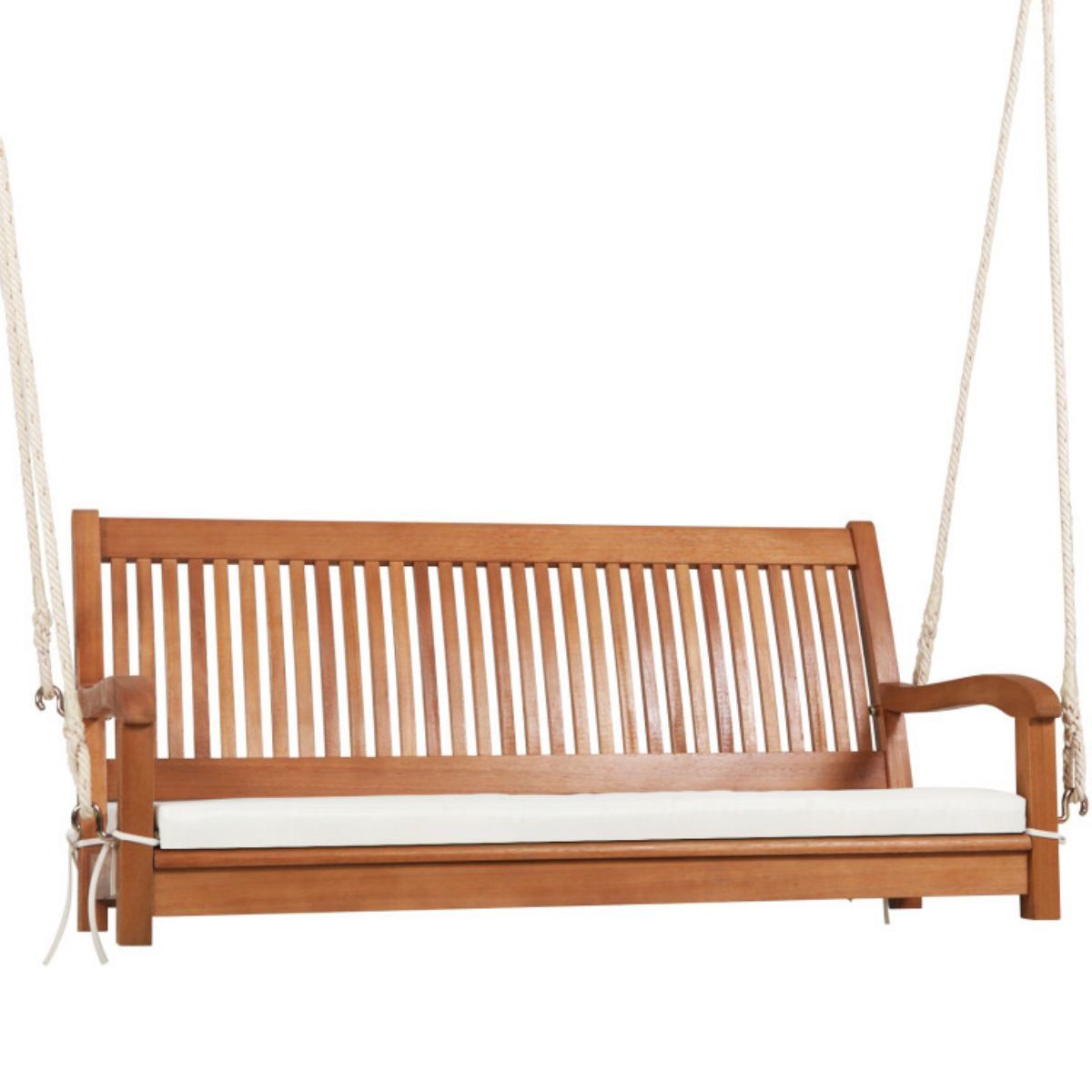 2-Person Hanging Porch Swing Wood Bench with Cushion Curved Back_voghion.com