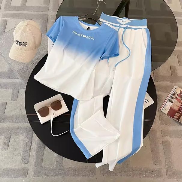 Naisterõivad mood spordirõivad tipptasemel online-kuulsuste vabaaja ülikond naiste gradientvärvi lühikeste varrukatega ülaosaga sirged püksid kaheosaline ülikond_voghion.com