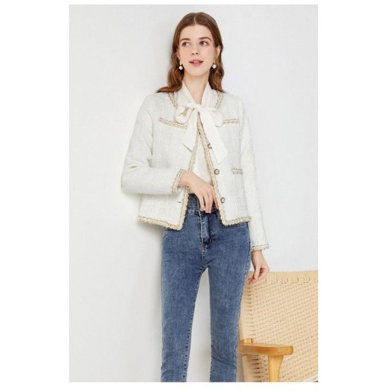 Chaqueta fragante, informal y versátil, con un estilo estilizado, ligero y maduro. Chaqueta de lana con cuello redondo para mujer._voghion.com