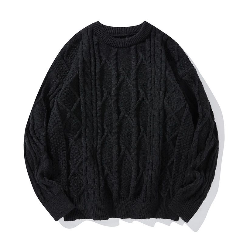 Pull en maille torsadée pour homme - Pull décontracté oversize à ourlet côtelé pour l'automne/hiver (Noir/Crème, M-XXL)_voghion.com