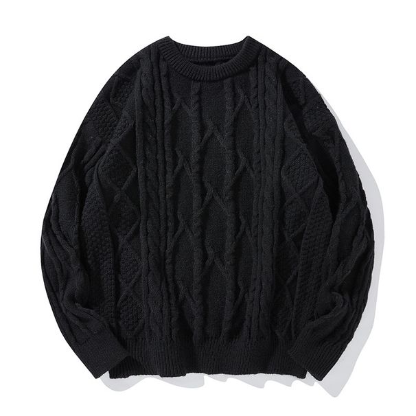 Pull en maille torsadée pour homme - Pull décontracté oversize à ourlet côtelé pour l'automne/hiver (Noir/Crème, M-XXL)_voghion.com