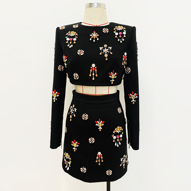 Roupas femininas pregadas com miçangas diamante top curto meia saia conjunto dois conjuntos_voghion.com