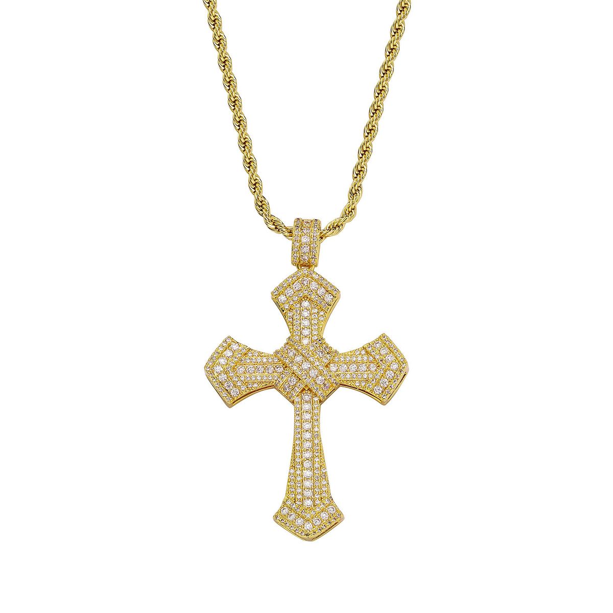 Collana con ciondolo a forma di croce hip hop per uomo e donna con zirconi cubici, accessorio di moda unisex alla moda, catena intrecciata da 24 pollici in oro o argento_voghion.com