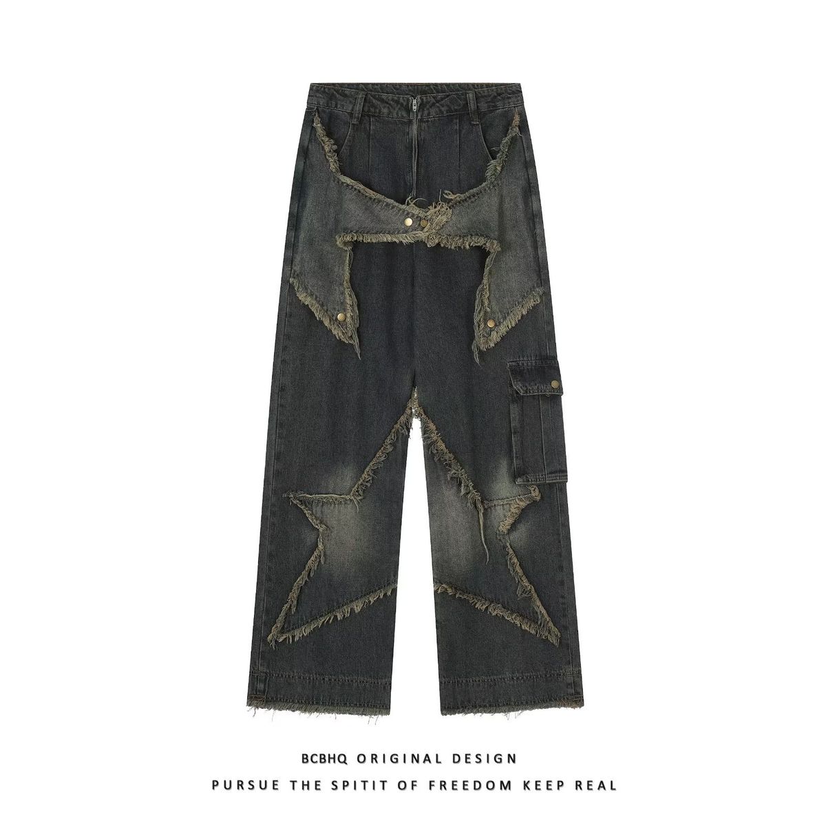 Suitable For All Seasons High Street Star Patch Jeans For Men Spring Autumn Ins Trend Brand Straight Niche Wide Leg Pants_voghion.com