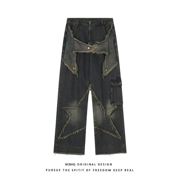 Suitable For All Seasons High Street Star Patch Jeans For Men Spring Autumn Ins Trend Brand Straight Niche Wide Leg Pants_voghion.com