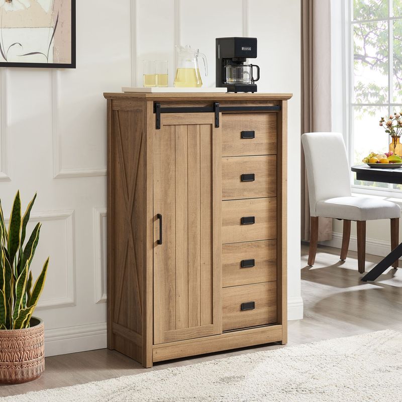 5 Drawers Dresser W/Sliding Barn Door, Farmhouse Modern Tall Dresser 5 Chest Of Drawers, Storage Organizer Dresser For Bedroom, Hallway, Living Room, Kids Room WHITE_voghion.com