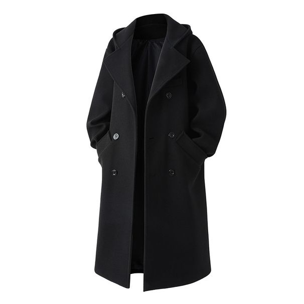 Zweireihiger Herrenmantel aus Wollmischung – Mittellanger Windbreaker mit Kapuze, wintertauglich und stylisch (Schwarz, Dunkelgrau)_voghion.com
