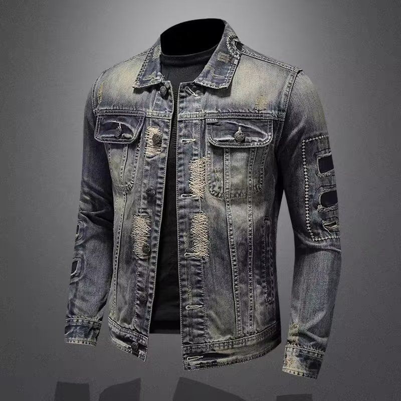​​Vintage-Jeansjacke für Herren mit mehreren Taschen, Slim Fit Freizeitmantel, Trucker-Jacke aus gewaschener Baumwolle im Retro-Stil für Herren​​_voghion.com
