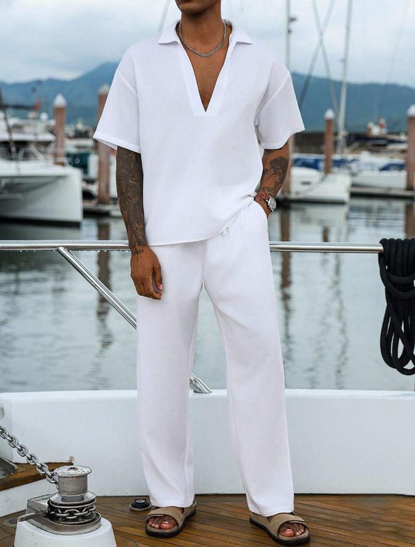 Herren-Set aus kurzärmligem Button-Up-Hemd und langer Hose – Atmungsaktives Polyester-Freizeitoutfit für Arbeit und Reisen_voghion.com