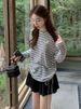 Camicetta con protezione solare a righe bianche e nere per donna, maglietta estiva leggera a maniche lunghe leggermente trasparente con volant,_voghion.com