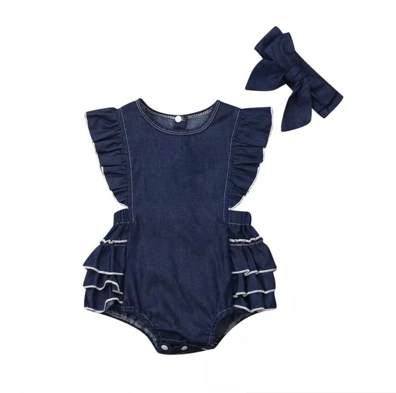 Bebek kıyafetleri Bebek ve kız çocukları için çocuk kıyafetleri uçan kollu denim çok katlı etek spor Ha başörtülü takım_voghion.com