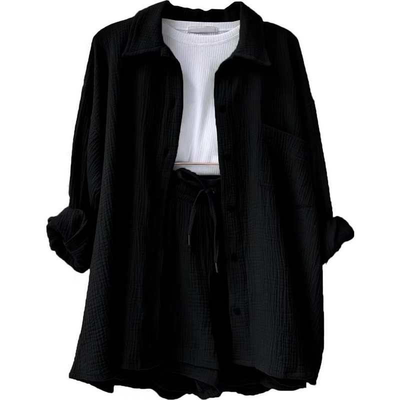 Camicia a maniche lunghe da donna, pantaloncini con coulisse a vita alta, abito casual a due pezzi_voghion.com