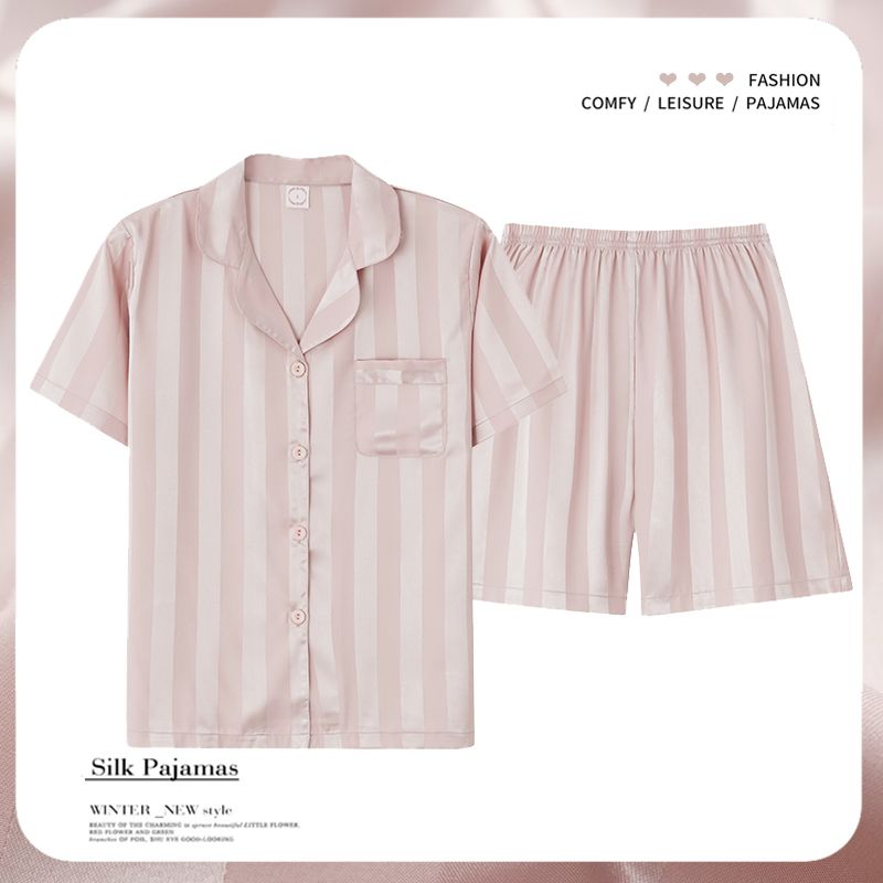 Couple's Ice Silk Pajamas Set 2025 - Striped Design, Short Sleeve & Shorts For Ultimate Summer Comfort_voghion.com