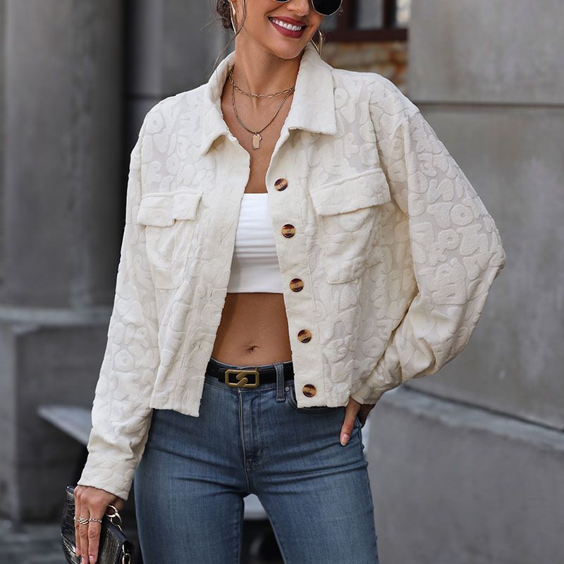 Women's Clothing autumn and winter shirt cardigan lapel button texture jacquard jacket_voghion.com