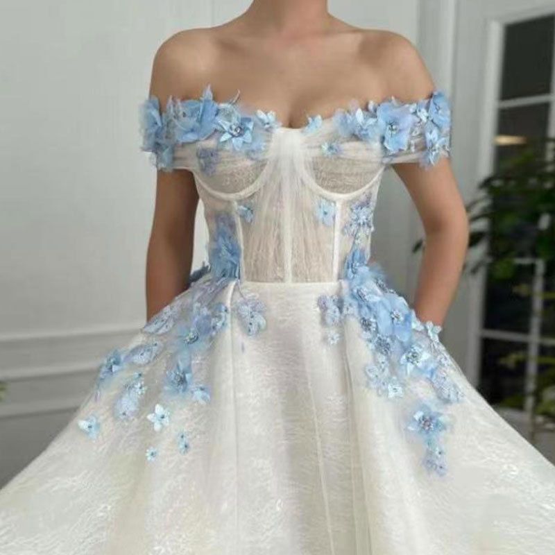 Women's new floral off-the-shoulder dress glitter tulle party dress_voghion.com