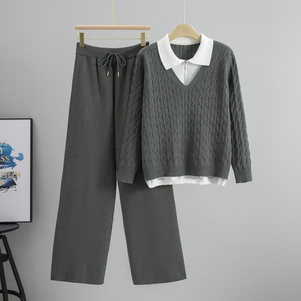 Completo composto da maglione polo in maglia a trecce e pantaloni a gamba larga – Due pezzi invernali più spessi (misto viscosa-poliestere, taglia unica)_voghion.com